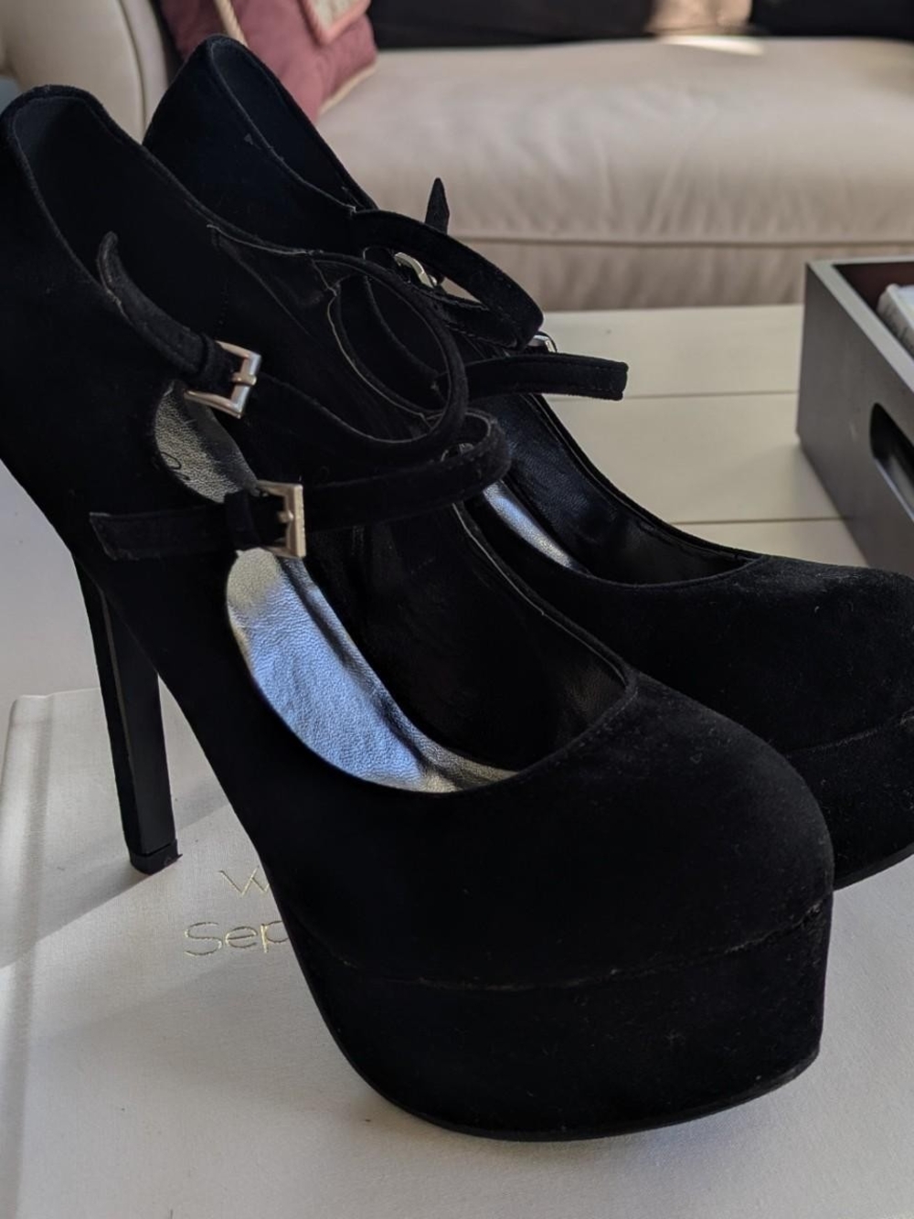Bella D. Black Suede Double-Strap Platform Pumps